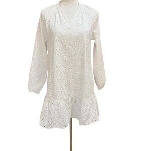 Mikarose Eyelet Tunic Dress White Long Sleeve Cotton Boho Peplum Medium